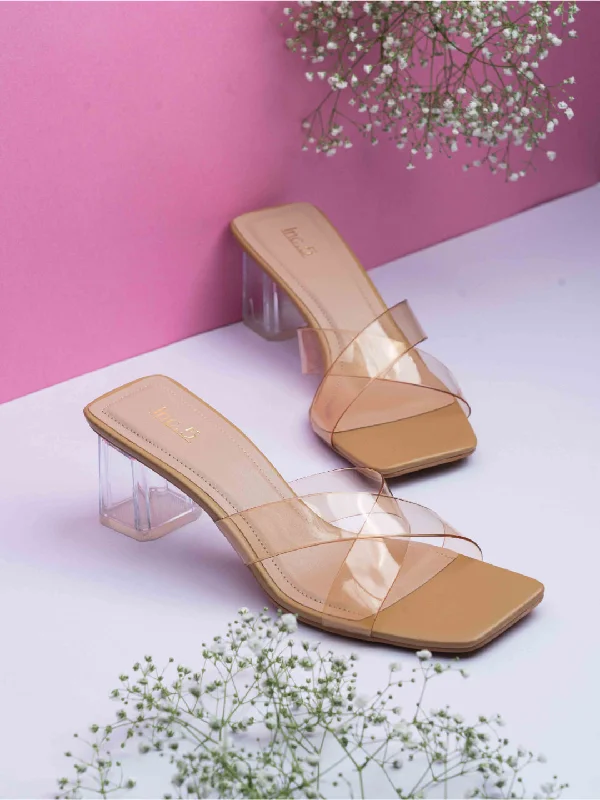 Trendy sandals for men with suede straps and minimalistic design for everyday wear-Womens Beige Party Wear Transparent Square Heels