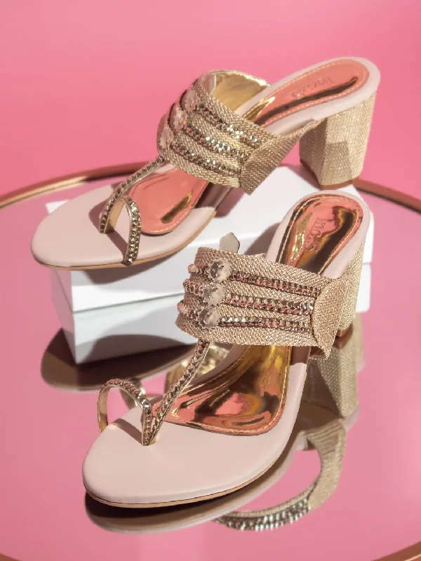 Trendy sandals for women with gladiator-inspired design and flat soles for chic wear-Women Beige Embellished Block Heels