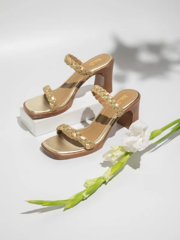 Boho-inspired sandals for women with braided straps and earthy tones-Women Gold Textured Open Toe Block Heels