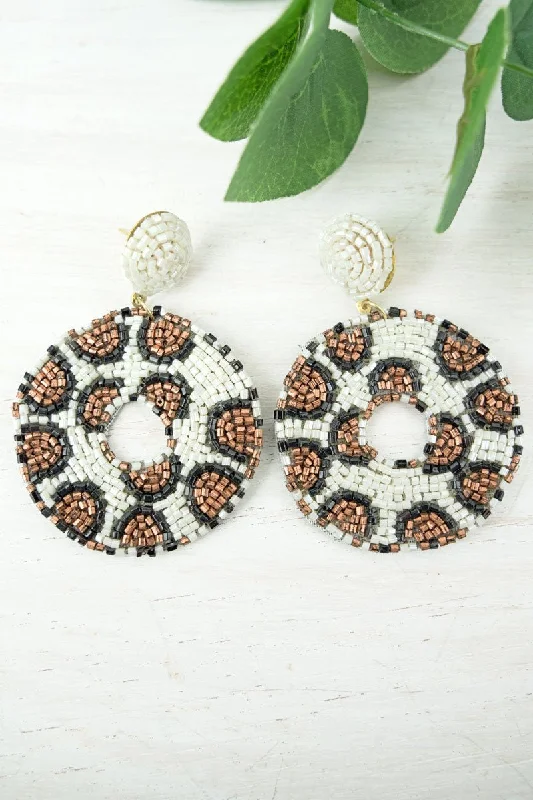 Drop Earrings for Formal Attire -SALE! Ivory Leopard Seed Bead Circle Post Earrings