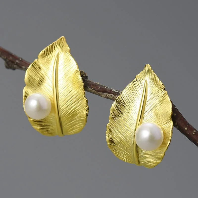 Drop Earrings for Bridesmaids Look -Sterling Silver Leaf Pearl Earrings