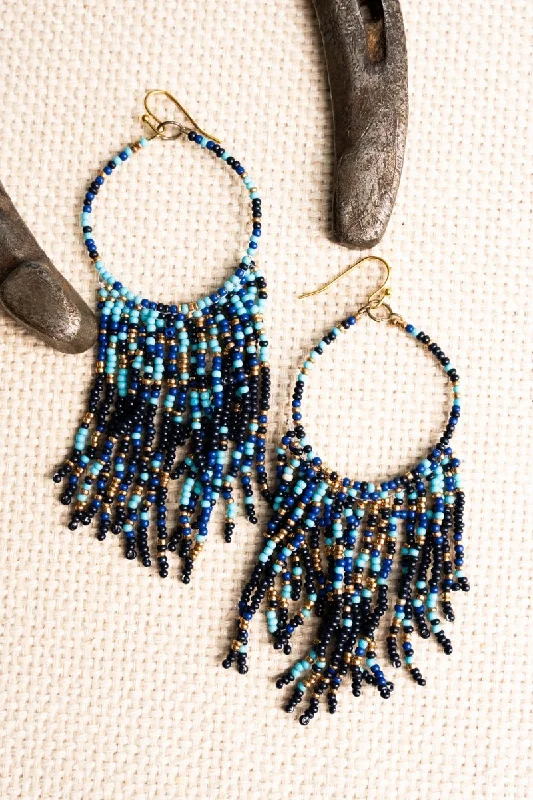 Waterproof Drop Earrings for Outdoor -SALE! Navy Seed Bead Teardrop Fringe Earrings