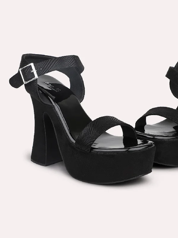 Elegant sandals for women with metallic straps and open-toe design for parties-Women Black Textured Platform Heels