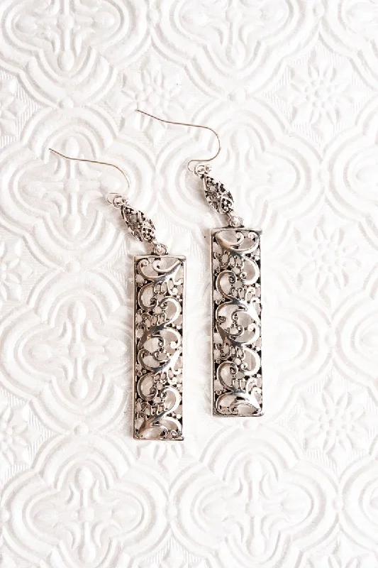 Heavy Duty Drop Earrings for Durability -SALE! Silvertone Scroll Kinwick Bar Earrings