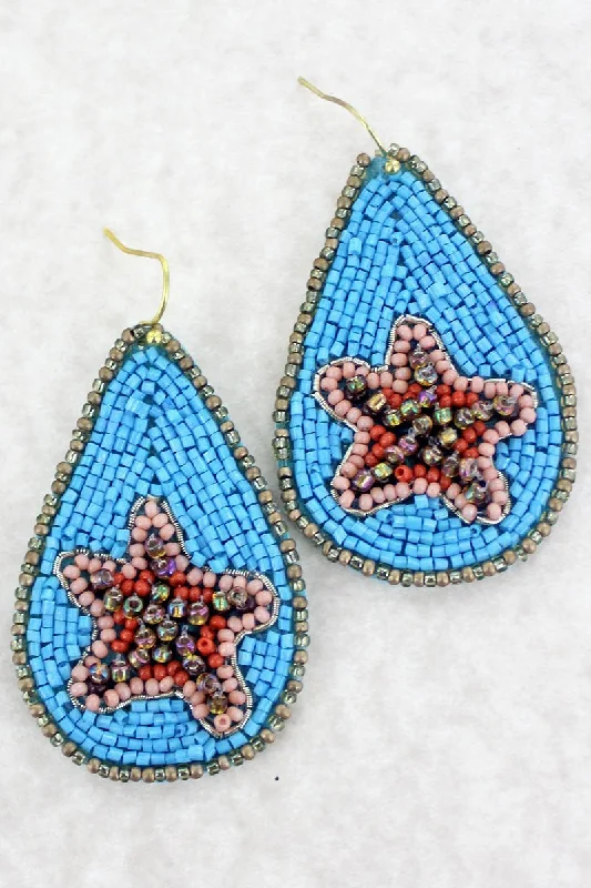 Crystal and Pearl Drop Earrings for Glamour -SALE! Starfish Blue Tube Bead Teardrop Earrings