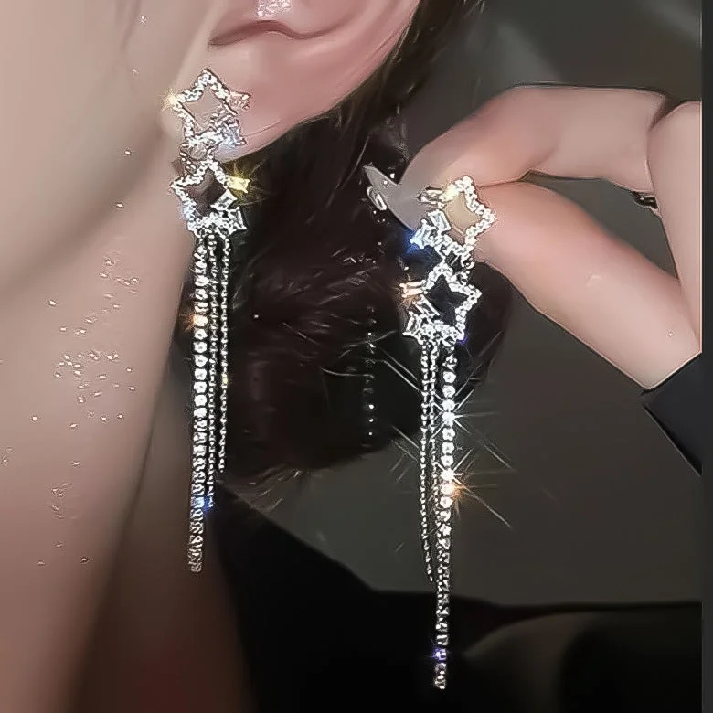 Drop Earrings for Beach Outfit -Wholesale Rhinestone Star Tassel Earrings