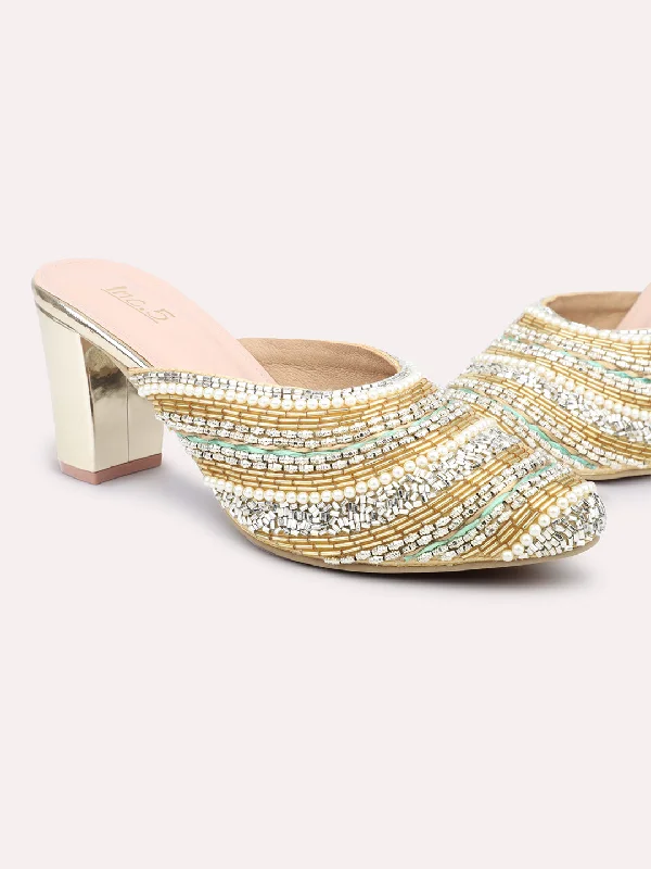 Beach sandals for women with slip-on design and vibrant color options-Women Gold Ethnic Embellished Block Mules Heels