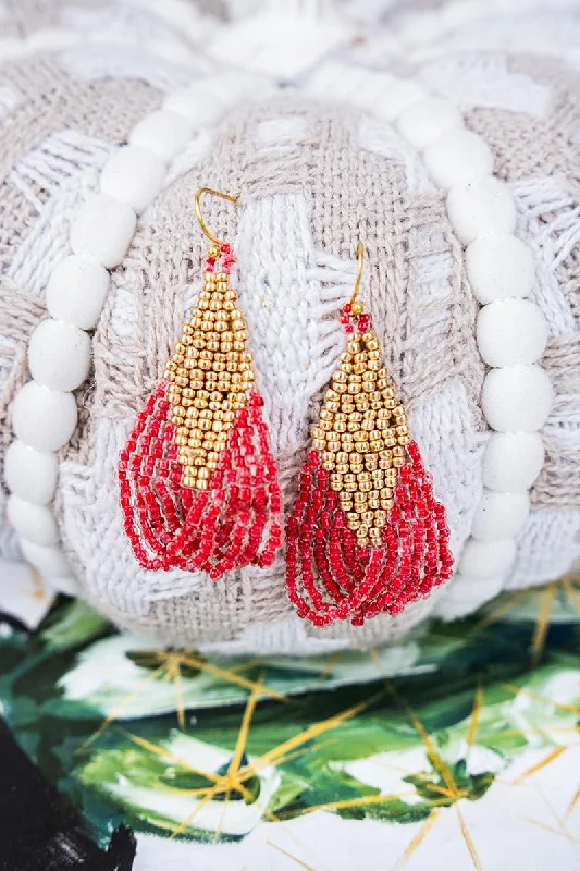 Drop Earrings for School Uniform -SALE! Red and Gold Seed Bead Fringe Earrings