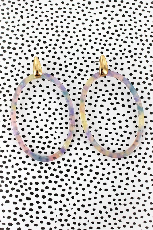 Drop Earrings for Christmas Party -SALE! Light Blue Multi Marbled and Goldtone Open Oval Earrings