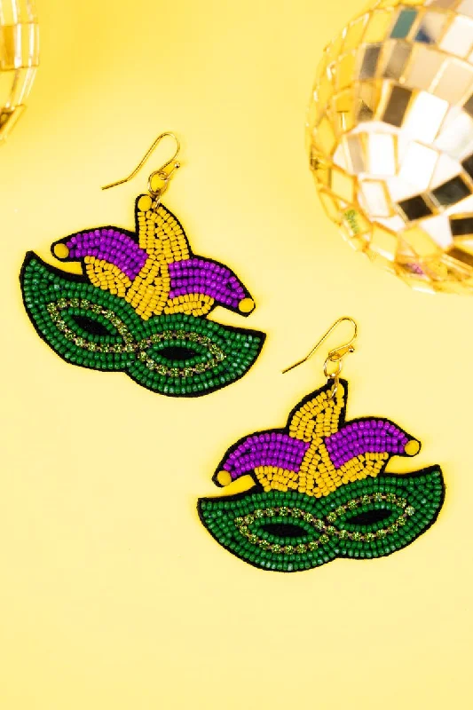 Drop Earrings for Mother's Day -Mardi Gras Mask Crystal Seed Bead Earrings