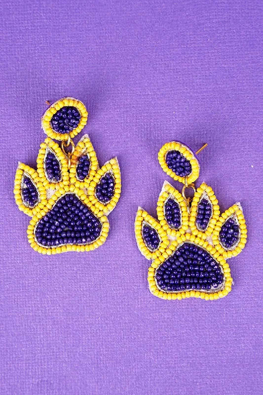 Clip On Drop Earrings for Non Pierced -Win The Day Purple and Yellow Paw Earrings