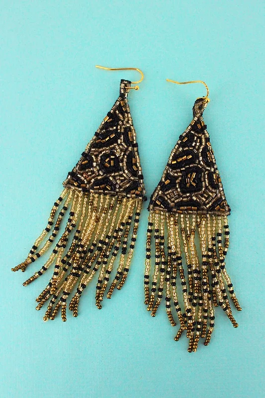 Drop Earrings for Concert Look -SALE! Gold Leopard Seed Bead Triangle Fringe Earrings