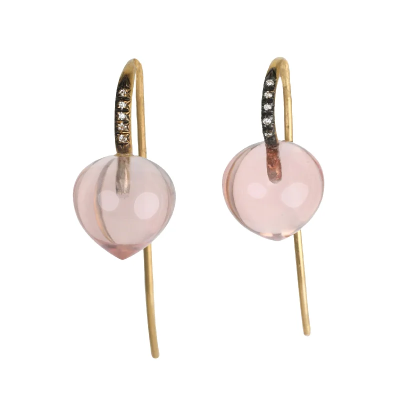 Drop Earrings with Keyhole Designs -22K Gold & Rose Quartz "Forest Dew Drop" Earrings