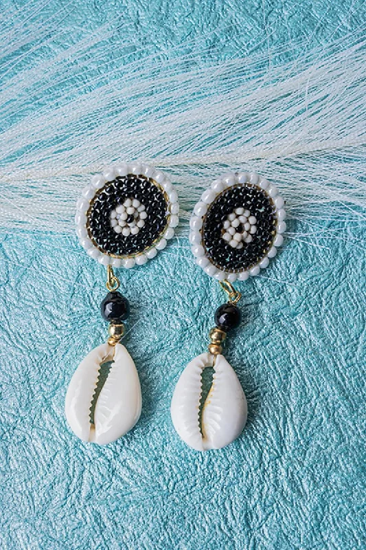 Drop Earrings with Debossed Designs -SALE! Black Seed Bead Cowrie Shell Drop Earrings