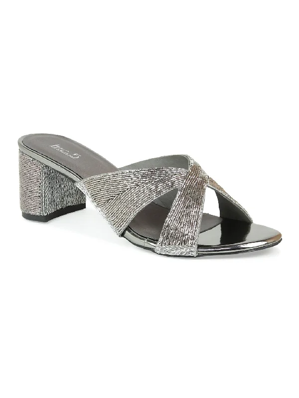 Trendy sandals for men with suede straps and minimalistic design for everyday wear-Women Gun Metal Embellished Block Heels