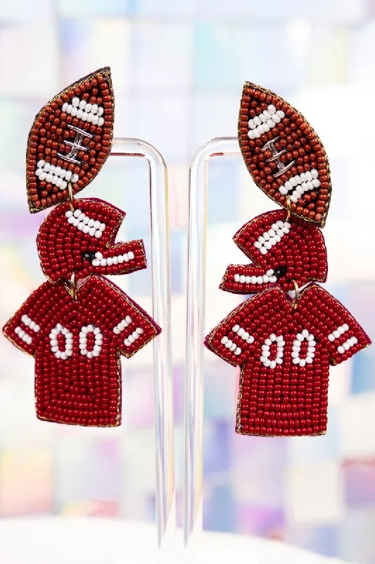 Indian Drop Earrings with Intricacy -Wine And White Gameday Ready Seed Bead Earrings