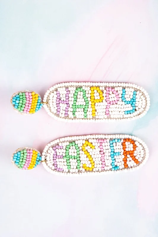 Drop Earrings for Casual Outfit -Happy Easter White and Pastel Seed Bead Earrings