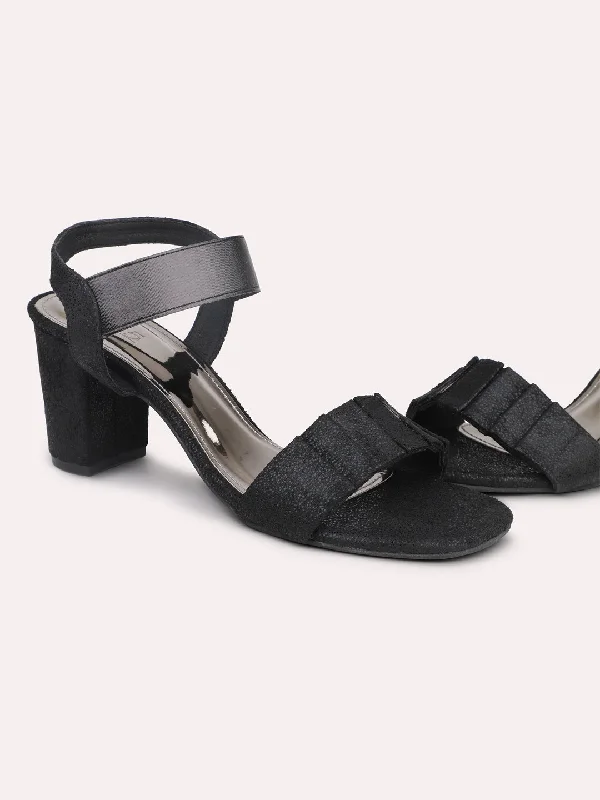 Fashionable sandals for men with velcro closure and sporty design for casual outings-Women Black Textured Open Toe Party Block Heels