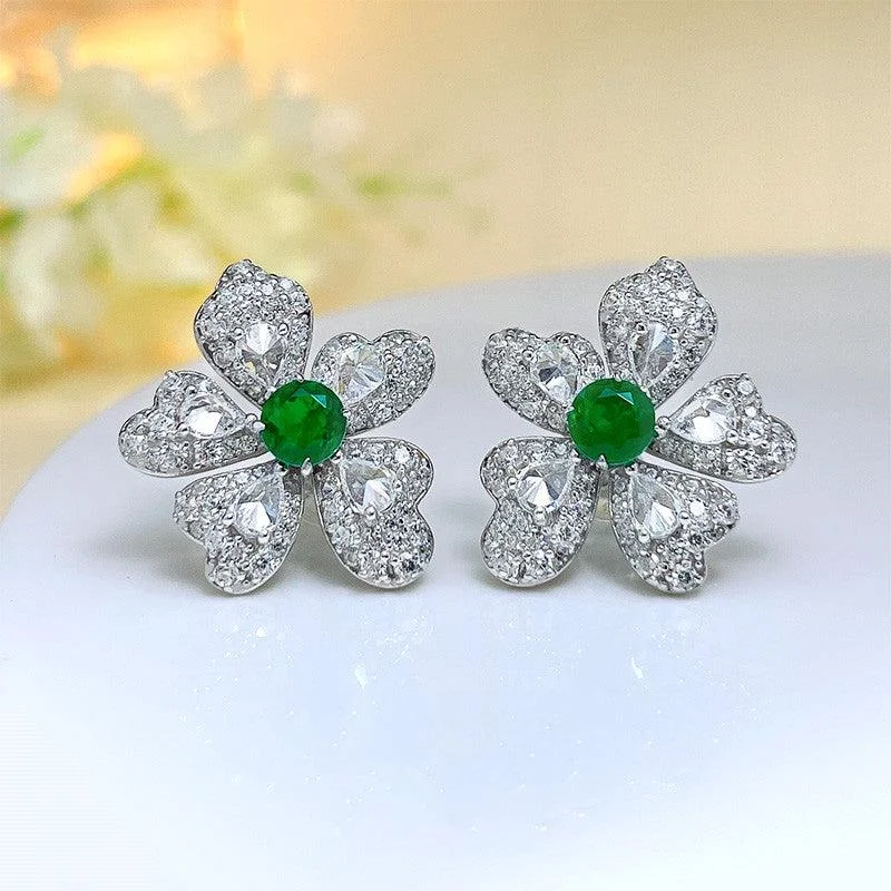 Drop Earrings for Shopping Trip -Artificial Emerald Flower Earrings 925 Silver Plated