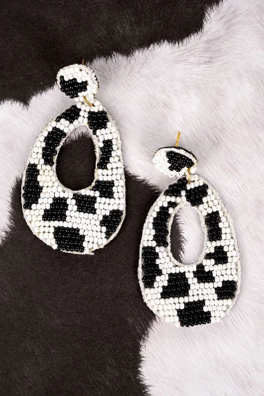 Drop Earrings with Vine Designs -SALE! Cow Print Seed Bead Cut-Out Oval Earrings