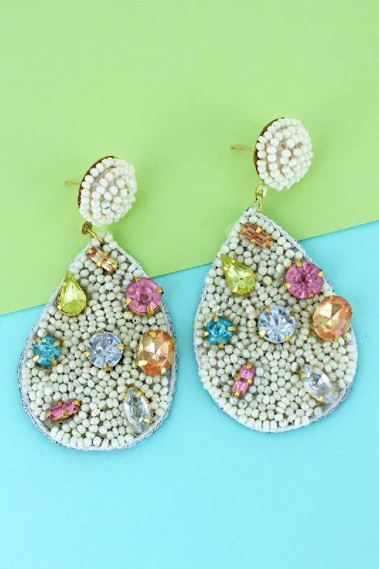 Floral Drop Earrings with Petals -SALE! Multi-Color Gemstone and Ivory Seed Bead Teardrop Earrings