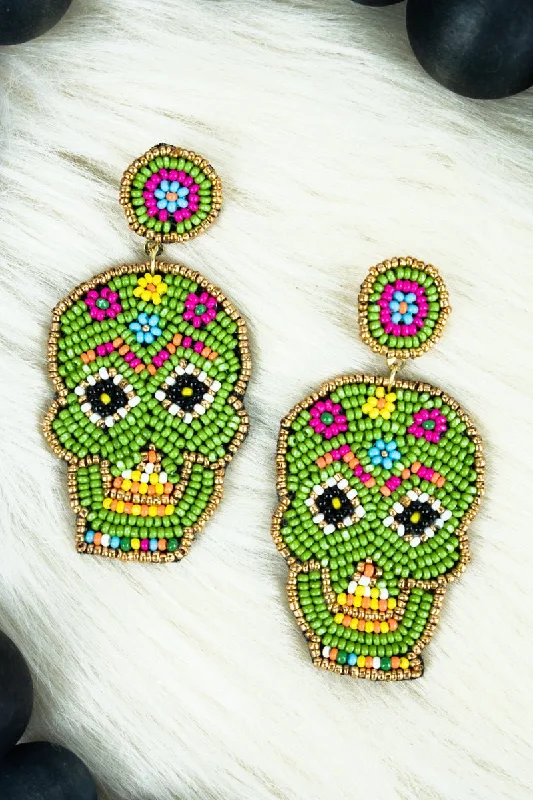 Heavy Duty Drop Earrings for Durability -SALE! Green Sugar Skull Seed Bead Earrings