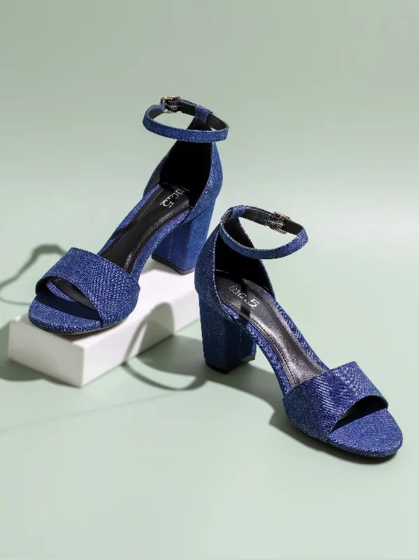 Stylish sandals for women with thick straps and chic buckle details for casual outfits-Women Navy denim Open Toe Block Heels With Ankle Loop