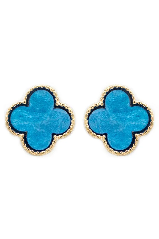 Vintage Drop Earrings with Patina -Viola Goldtone Trimmed Blue Shell Quatrefoil Earrings