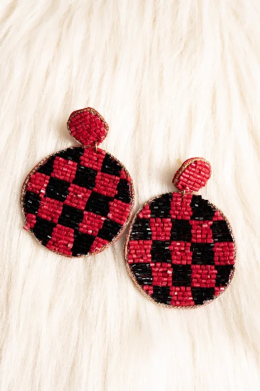 Vintage Drop Earrings with Patina -SALE! Indy Check Seed Bead Red Disk Earrings