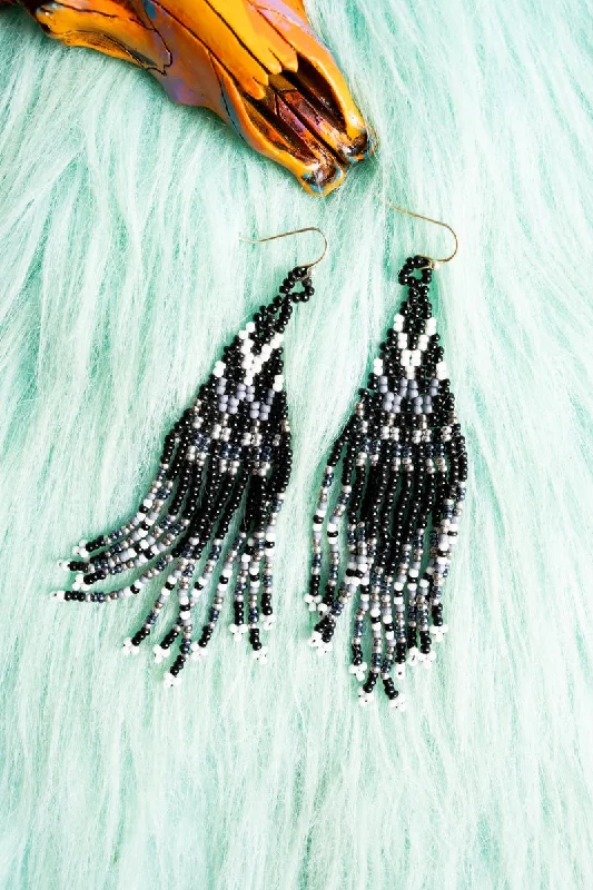 Drop Earrings for Mother's Day -SALE! Big Horn Canyon Black Seed Bead Fringe Earrings