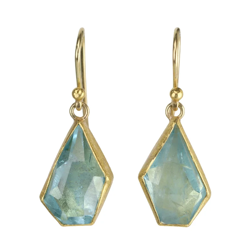 Ethnic Drop Earrings with Tribal Design -22 & 18K Asymmetrical Polygonal Rosecut Aquamarine Earrings