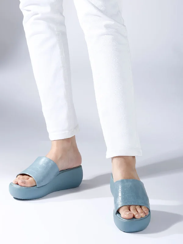 Waterproof sandals for women with durable straps and slip-resistant soles-Women Blue Textured Open Toe Wedge Heels