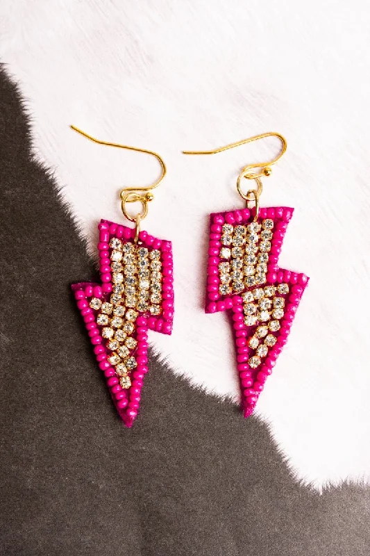 Maximalist Drop Earrings for Bling -SALE! Sparkle Fuchsia Lightning Bolt Seed Bead Earrings