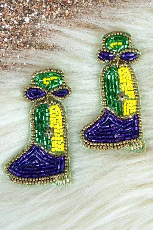 Short Drop Earrings for Subtle -SALE! Viola Mardi Gras Boots Seed Bead Earrings