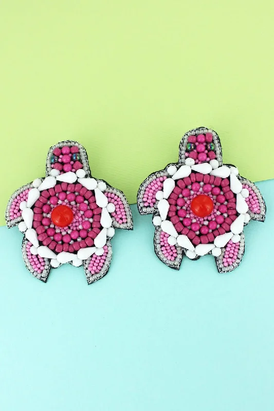 Punk Drop Earrings with Spikes -SALE! Coral Seed Bead Turtle Earrings