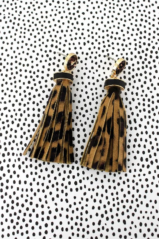 Drop Earrings with Floral Motifs -SALE! Brown Glitter Disk Leopard Tassel Earrings