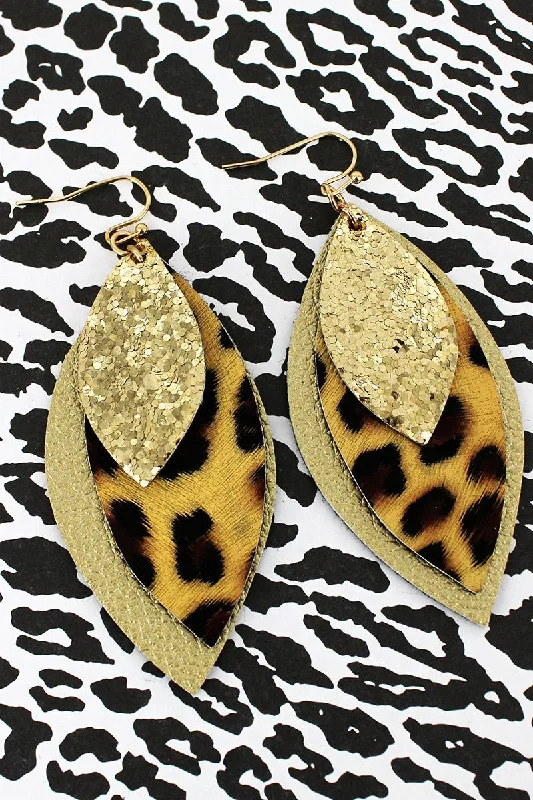 Drop Earrings for Wellness Routine -SALE! Layered Gold Glitter, Leopard, and Faux Leather Marquise Earrings