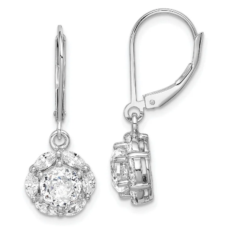 Maximalist Drop Earrings for Bling -Curata 925 Sterling Silver Rhodium Plated 6mm CZ Cubic Zirconia Halo Leverback Earrings - 28x10.25mm