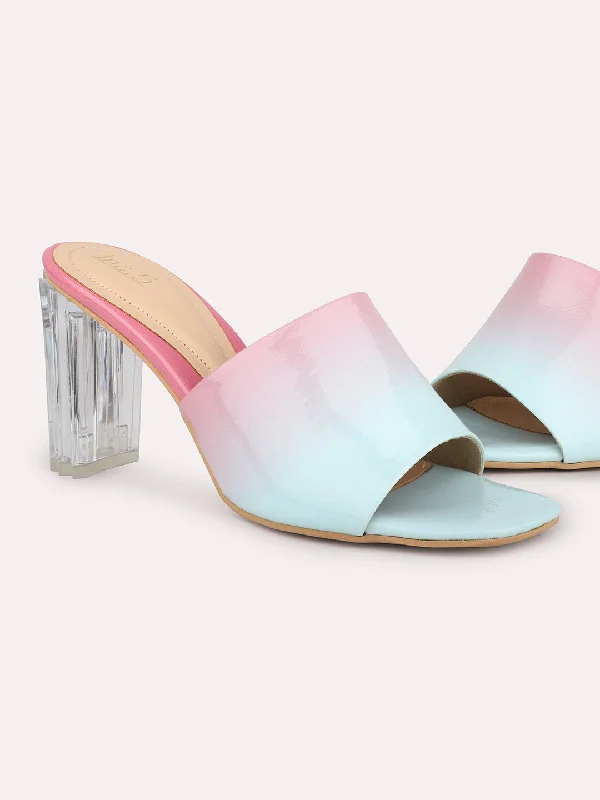 Casual sandals for women with lightweight construction and adjustable ankle straps-Women Blue & Pink-Coloured Printed Block Heels