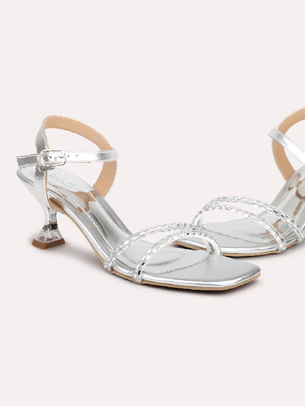 Stylish sandals for women with platform soles and trendy ankle straps-Women Silver Embellished Stiletto Heels