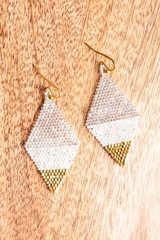 Minimalist Drop Earrings with Simplicity -SALE! Shimmer White and Gold Seed Bead Triangle Earrings