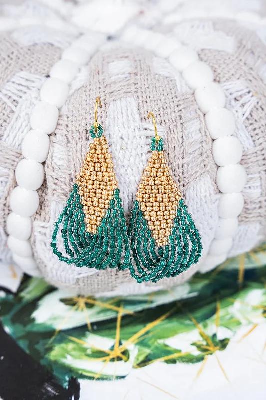 Drop Earrings for Shopping Trip -SALE! Teal and Gold Seed Bead Fringe Earrings