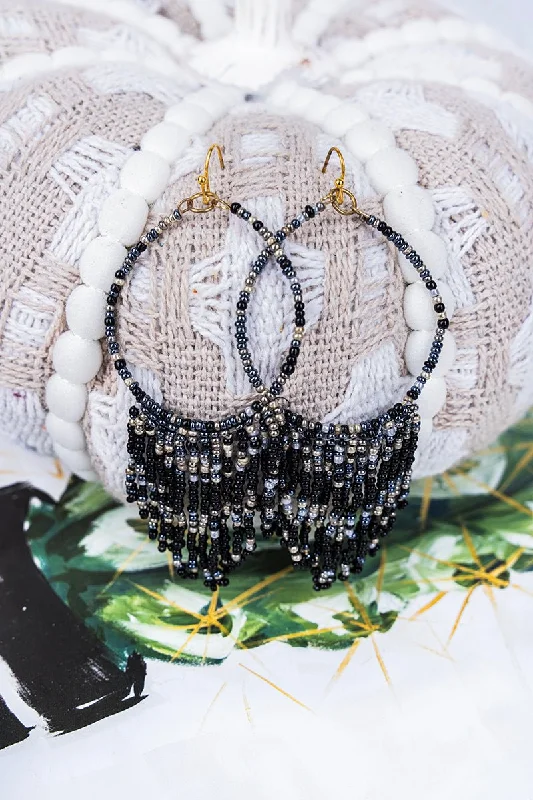 Tarnish Resistant Drop Earrings for Longevity -SALE! Black Seed Bead Teardrop Fringe Earrings