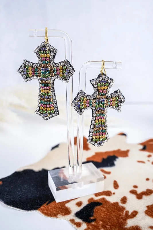 Animal Print Drop Earrings for Fun -SALE! Light Multi-Color Crystal Encrusted Cross Earrings