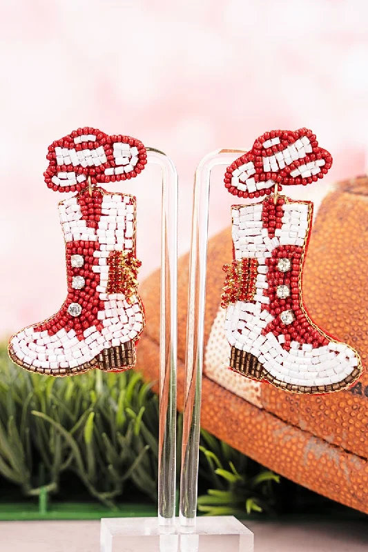 Drop Earrings with Vine Designs -SALE 75% OFF! Viola Twirling Into Gameday Red and White Boots Seed Bead Earrings