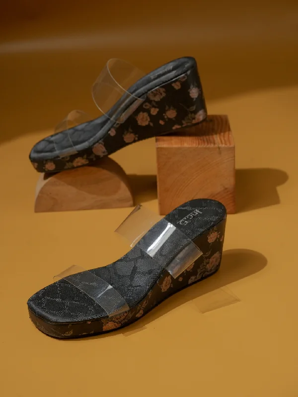 Stylish sandals for women with thong style and colorful detailing for fun-Women Black Printed Wedge Heels