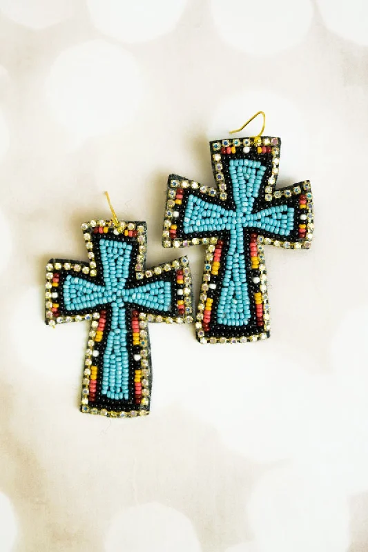 Contemporary Drop Earrings for Fashion -SALE! Cramerton Cross Turquoise and Black Seed Bead Earrings