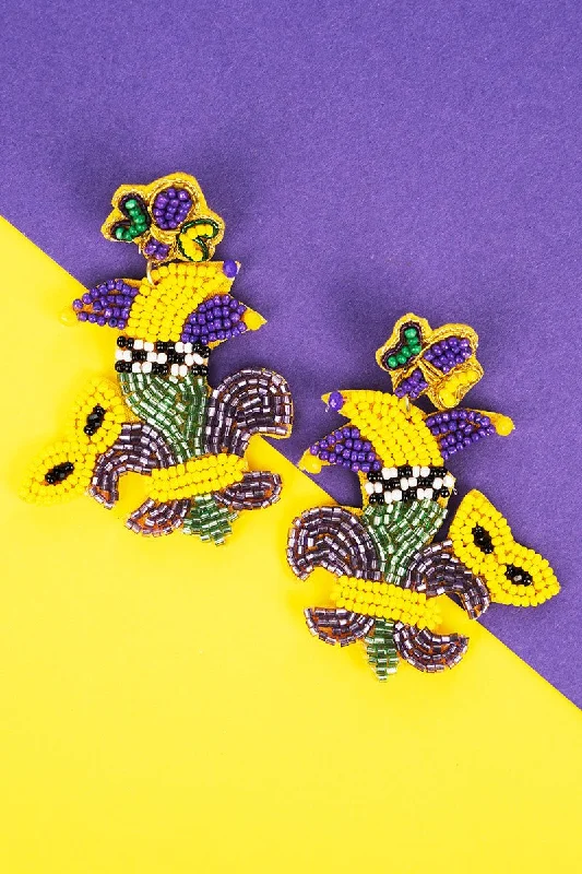 Crystal Drop Earrings for Sparkle -Viola Bejeweled Mardi Gras Jester Seed Bead Earrings