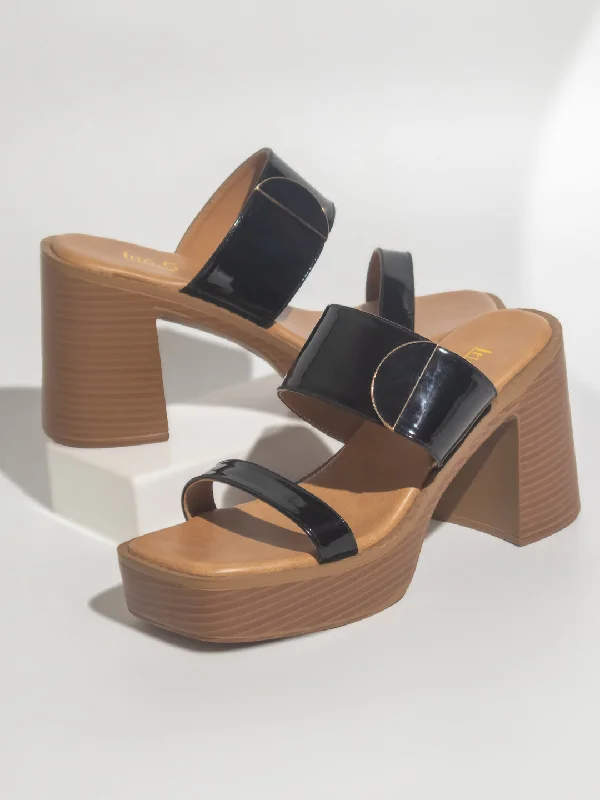 Casual sandals for women with flat soles and comfortable fit for everyday wear-Women Black Buckle Embellished Platform Heels