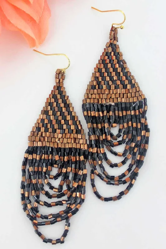 Drop Earrings with Filigree Work -SALE! Soarin' Black Seed Bead Fringe Earrings